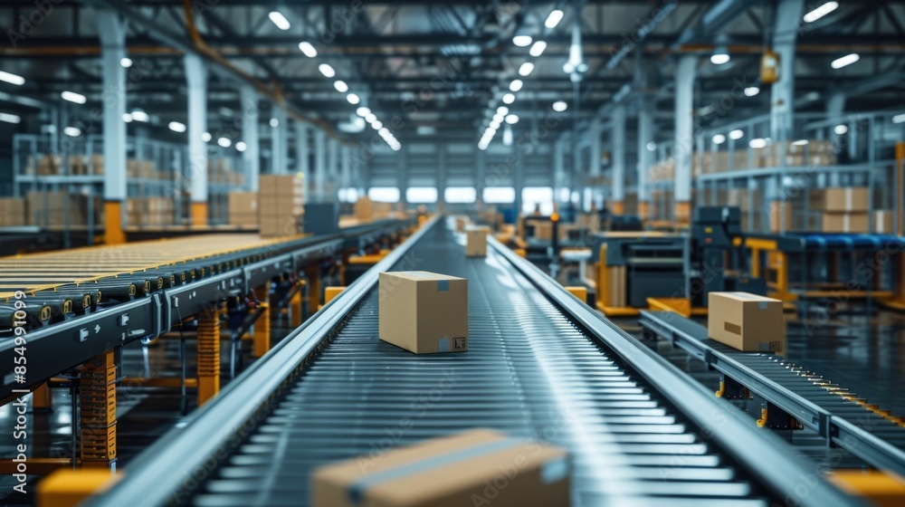 Interior view of an automated packaging facility featuring conveyor belts packaging machinery and industrial equipment in a large warehouse or manufacturing setting Interior view of an automated packaging facility featuring conveyor belts packaging machinery and industrial equipment in a large warehouse or manufacturing setting