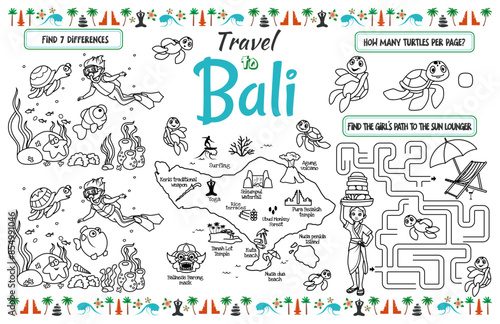 A fun placemat for kids. Printable “Travel to Bali” activity sheet with a labyrinth and find the differences. 17x11 inch printable vector file