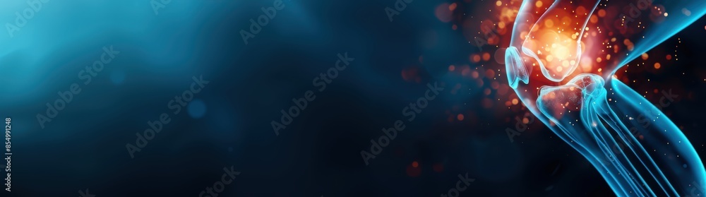 Joint Health, X-ray of a healthy knee joint, white bones on deep blue background Joint Health, X-ray of a healthy knee joint, white bones on deep blue background