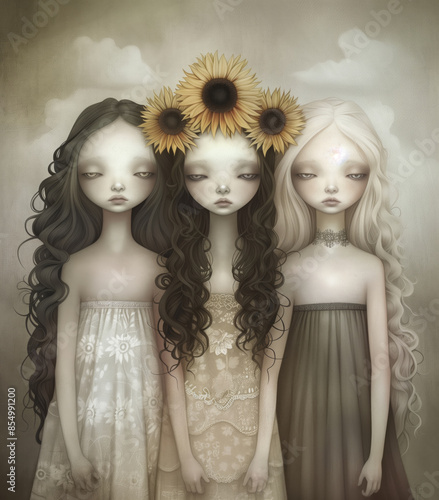 three young women with sunflowers