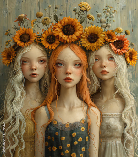 three young women with sunflowers