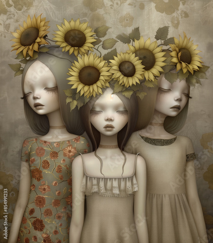 three young women with sunflowers