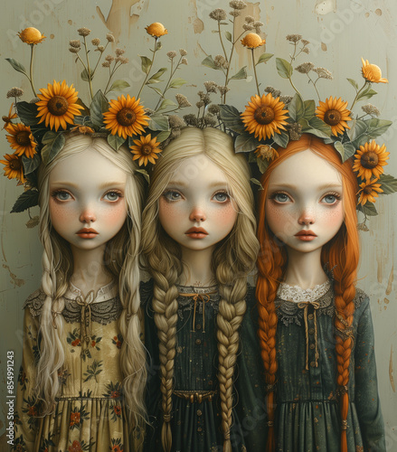 three young women with sunflowers