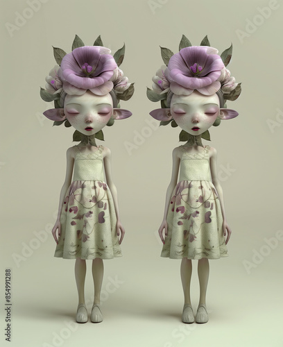 two, young, women, sunflowers, hair, standing, each other, pale, muted, colors , dark fantasy artwork