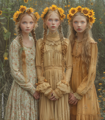 three young women with sunflowers
