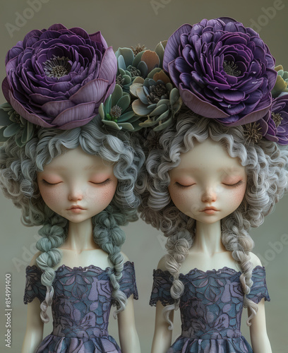 two, young, women, sunflowers, hair, standing, each other, pale, muted, colors , dark fantasy artwork