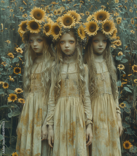 three young women with sunflowers