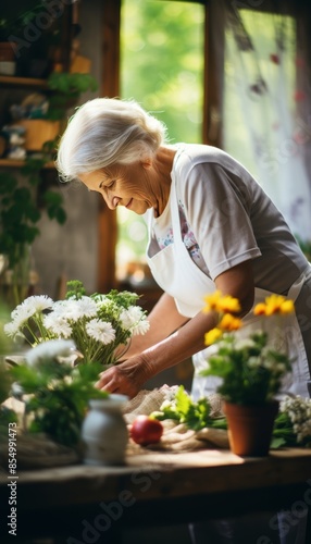 Wallpaper Mural Senior lady peacefully collects colorful garden flowers for a beautiful bouquet at home Torontodigital.ca