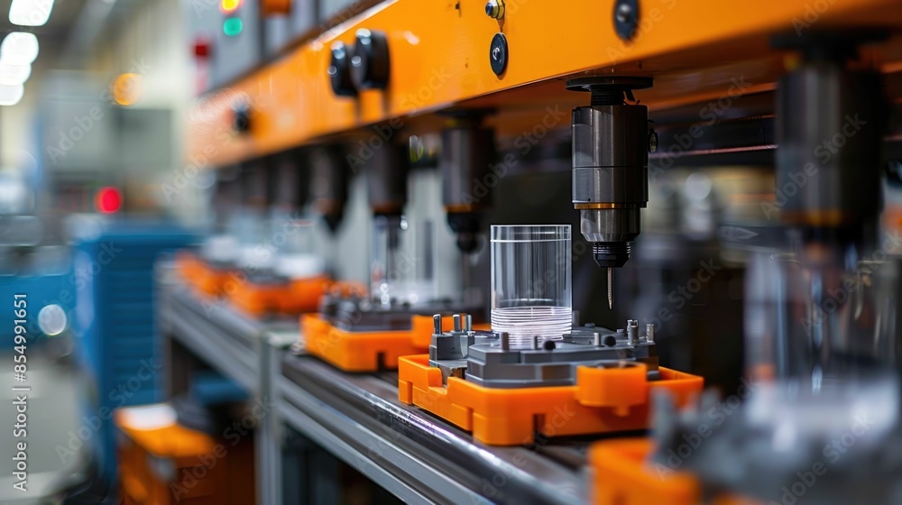Close up view of plastic molding machines in an industrial manufacturing facility producing various plastic parts and components through automated processes and advanced technology Close up view of plastic molding machines in an industrial manufacturing facility producing various plastic parts and components through automated processes and advanced technology