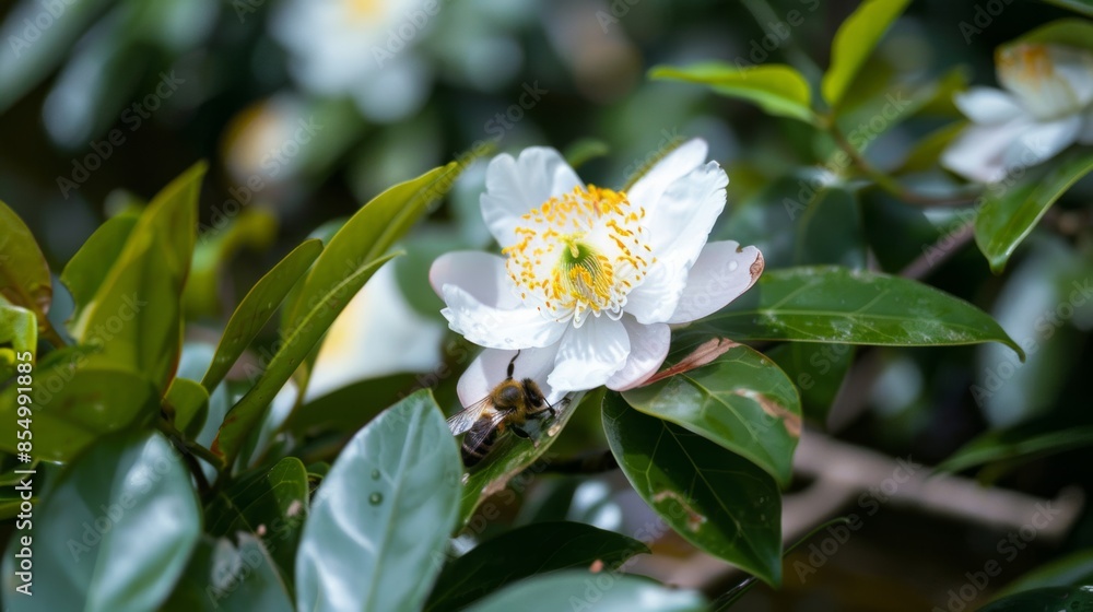 A close-up photograph of a white flower in full bloom with yellow stamens and green foliage, capturing a bee collecting nectar on a bright and sunny day