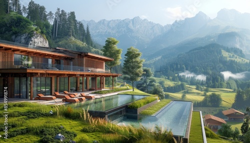 Luxurious mountain chalet with infinity pool overlooking scenic alpine landscape, perfect for a serene and tranquil getaway. © apichat