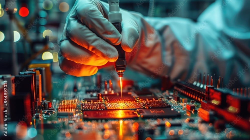 Electronics Assembly Line with Workers Soldering and Testing Components on a Production Line in an Industrial Factory Setting Electronics Assembly Line with Workers Soldering and Testing Components on a Production Line in an Industrial Factory Setting