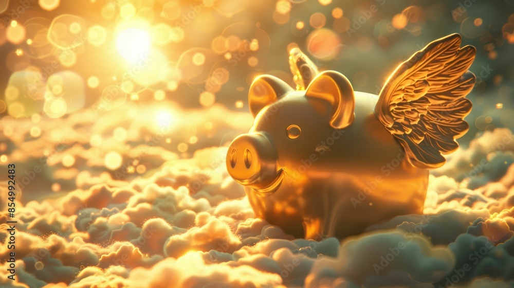 Naklejka premium Golden Pig with Wings Flying in the Clouds.