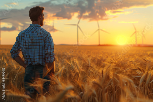 Man in Plaid Shirt Walking Through Wheat Field at Sunset with Wind Turbines in Background