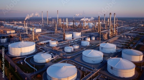 Expansive oil refinery facility with towering distillation columns large storage tanks and complex infrastructure operating at night under a vibrant evening sky photo