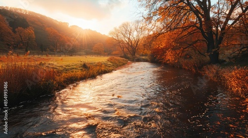Serene autumn landscape with a flowing river, surrounded by trees with fall foliage, captured at sunset with a gentle golden light.