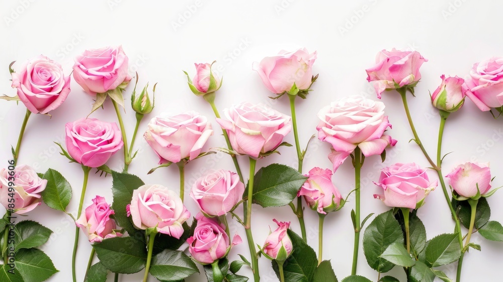 Pink roses on white background with room for text Pink roses on white background with room for text