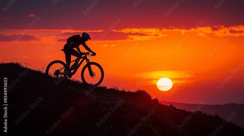 Obraz premium Silhouette of a mountain biker riding during a vibrant sunset, capturing the excitement and adventure of outdoor cycling.