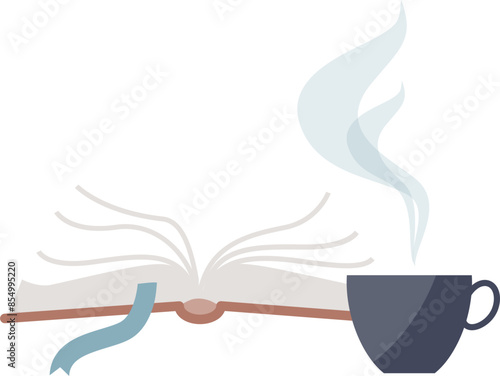 Open book with a blue bookmark beside a steaming coffee cup.