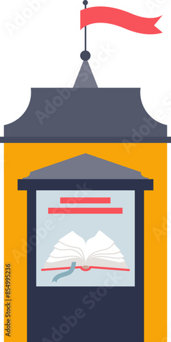 Illustration of a bookshop sign with an open book and a red ribbon.