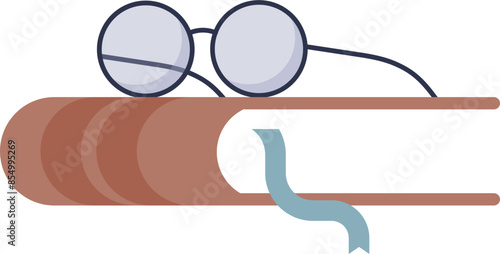 Eyeglasses resting on a closed book with a blue bookmark.