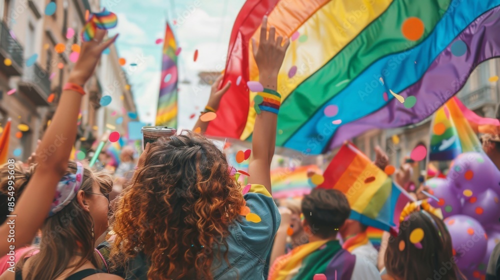 Obraz premium Crowd celebrating with rainbow flags at a public event
