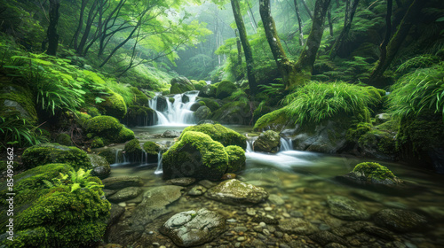 Tranquil Forest Waterfall with Mossy Rocks - A serene waterfall in a lush forest, surrounded by moss-covered rocks. Perfect for nature and relaxation themes.