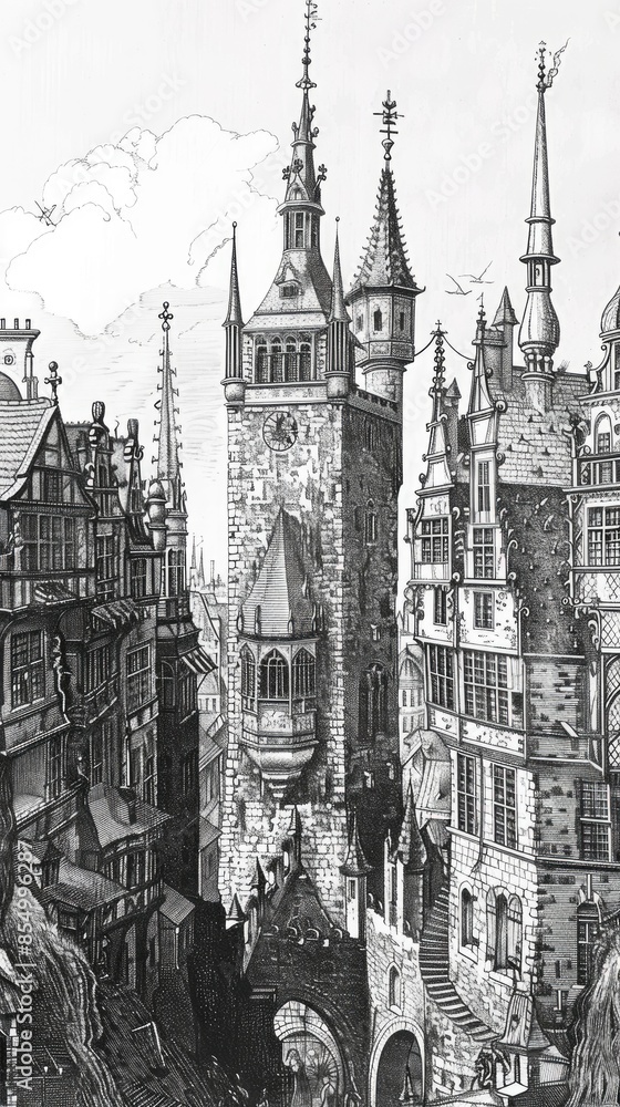 Fototapeta premium Charm of an old engraving town, history comes to life through intricate details and timeless architecture, the past with its rustic beauty and nostalgic ambianc