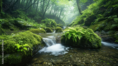 Mossy Forest Stream with Ferns - A peaceful forest stream flowing over moss-covered rocks and surrounded by lush ferns. Ideal for nature and tranquility themes.