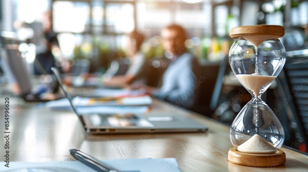 Close up of hourglass on a desk in an office with people working behind on blurred background Close up of hourglass on a desk in an office with people working behind on blurred background