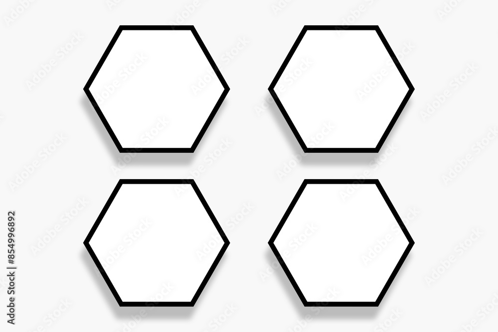 4 Polygon photo frames template of hexagon shapes with a black border in a simple layout. Used as a printable photo collage or a blank mock up for album pictures or photographs collection. 4 Polygon photo frames template of hexagon shapes with a black border in a simple layout. Used as a printable photo collage or a blank mock up for album pictures or photographs collection.