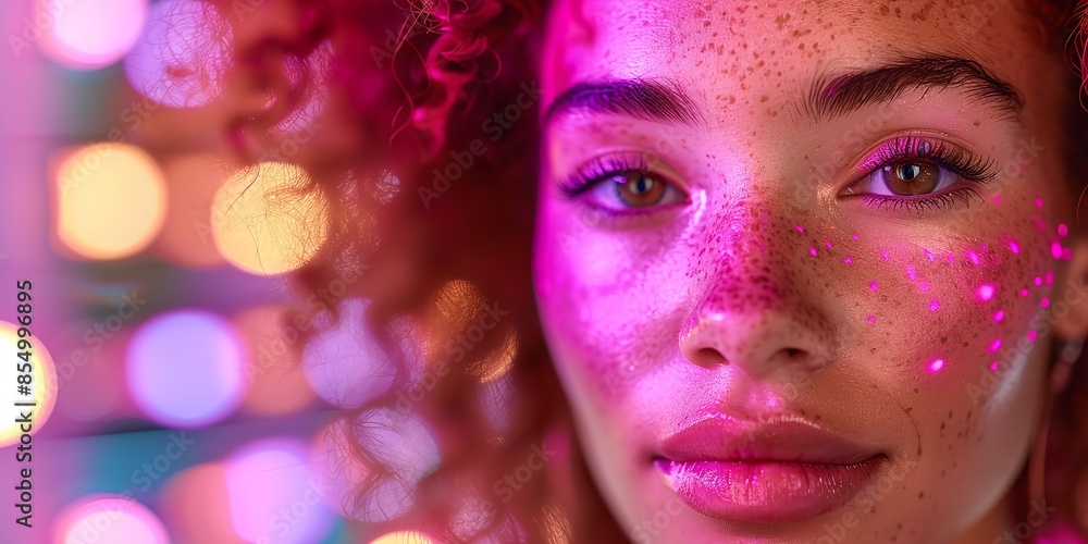 A close up portrait of a woman with pink makeup and curly red hair. She is standing under purple and yellow lights, which create a soft, romantic glow A close up portrait of a woman with pink makeup and curly red hair. She is standing under purple and yellow lights, which create a soft, romantic glow