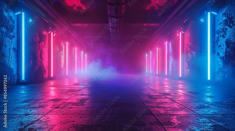 Empty dark background with blue fluorescent neon laser lights. Party and night club concept background with copy space for text or product display Empty dark background with blue fluorescent neon laser lights. Party and night club concept background with copy space for text or product display