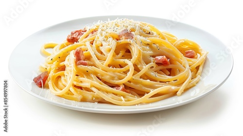 A plate of spaghetti carbonara, isolated on a white background, studio lighting to emphasize the creamy sauce and perfectly cooked pasta