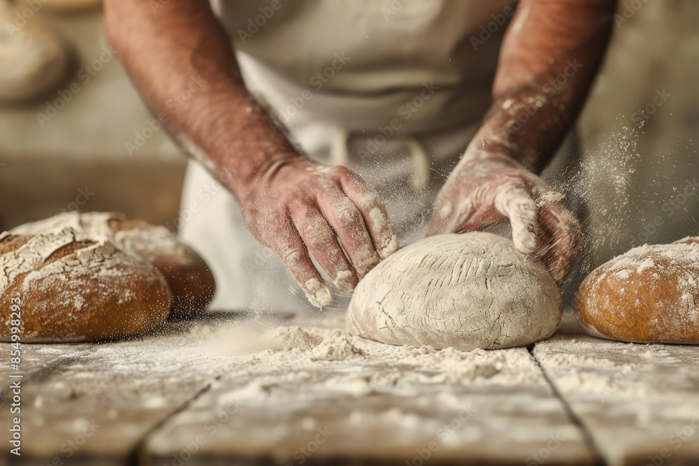 Authentic Baker Kneading Dough in Traditional Bakery with Flour Scattered - Craftsmanship Concept Authentic Baker Kneading Dough in Traditional Bakery with Flour Scattered - Craftsmanship Concept