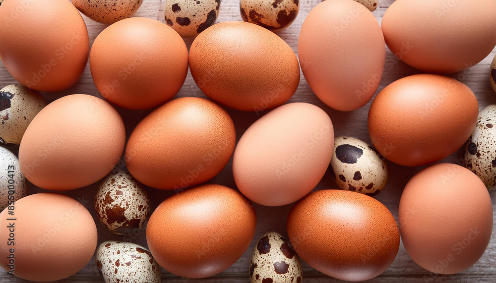 Chicken brown eggs and quail eggs. Fresh farm product. Organic and tasty food. Top view. Chicken brown eggs and quail eggs. Fresh farm product. Organic and tasty food. Top view.