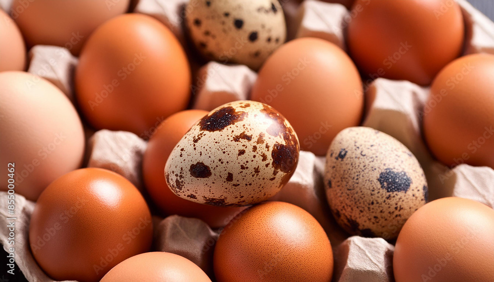 Chicken brown eggs and quail eggs. Fresh farm product. Organic and tasty food. Top view. Chicken brown eggs and quail eggs. Fresh farm product. Organic and tasty food. Top view.
