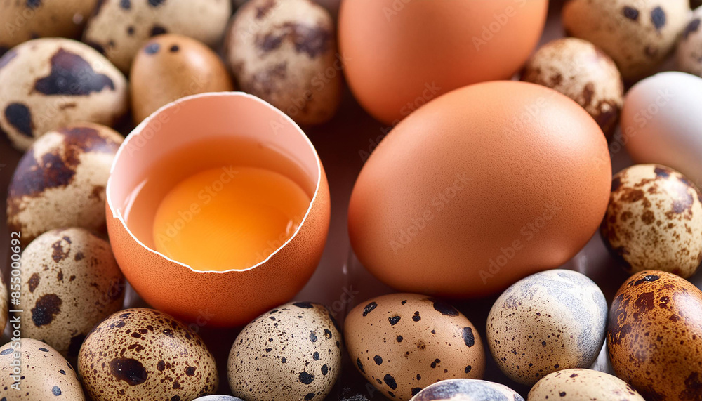 Chicken brown eggs and quail eggs. Fresh farm product. Organic and tasty food. Top view. Chicken brown eggs and quail eggs. Fresh farm product. Organic and tasty food. Top view.