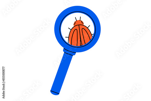 Hand drawn cute cartoon illustration of bug in magnifying glass. Flat vector beetle insect in doodle. Computer software security icon. System error search. Virus alert. Repair code service. Isolated.