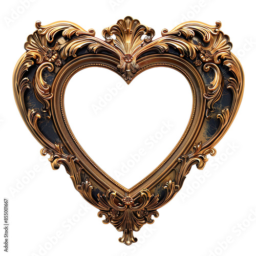 Heart shape frame in gold on isolated on white background, transparent background