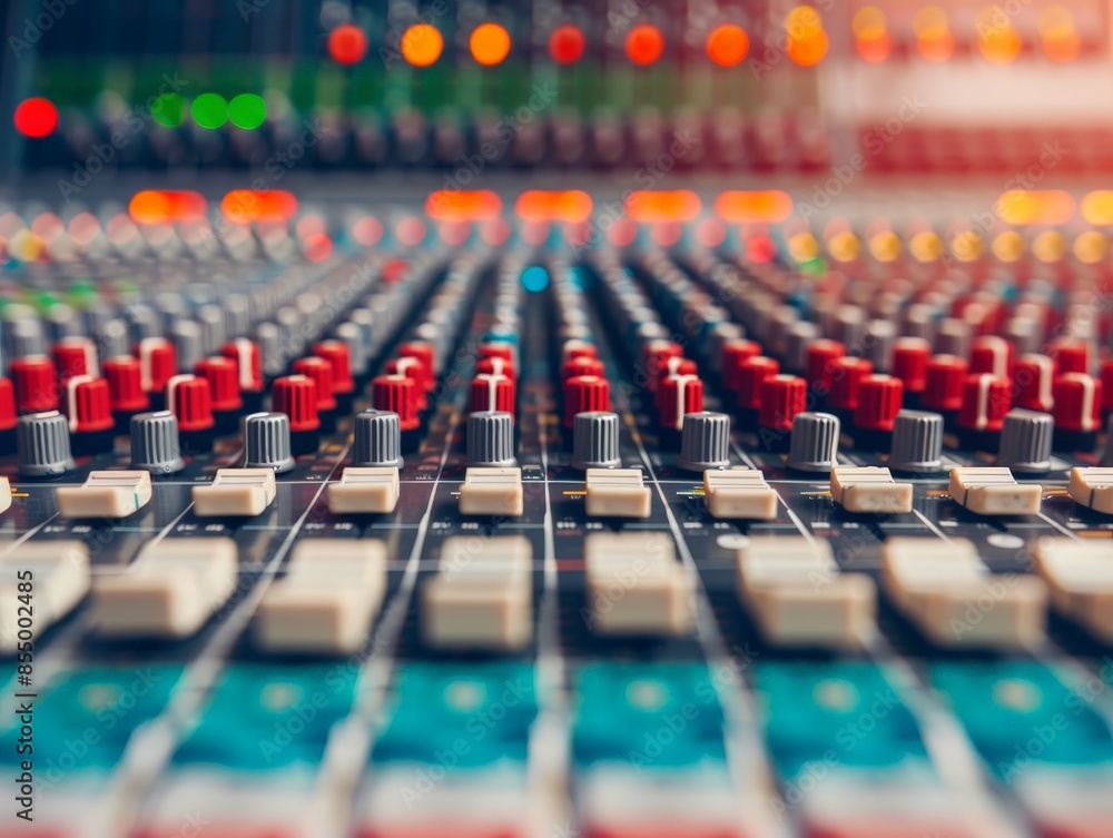 Fototapeta premium Modern Music Producer's Desk with Audio Interfaces, Mixers, and Monitors for Professional Music Production