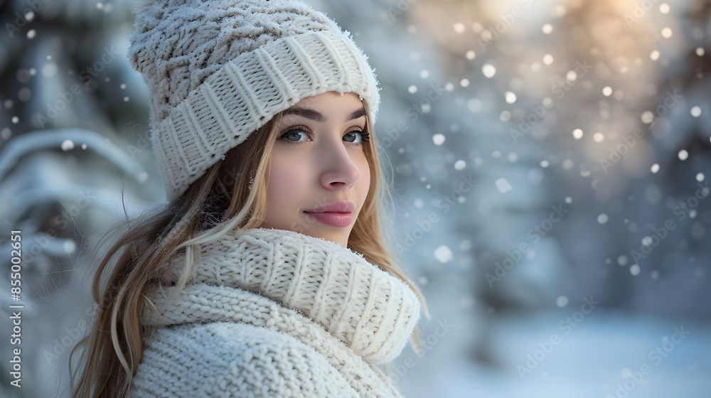 Girl in Snowy Forest Wearing White Woolen Outfit, Captivating Winter Scene Girl in Snowy Forest Wearing White Woolen Outfit, Captivating Winter Scene