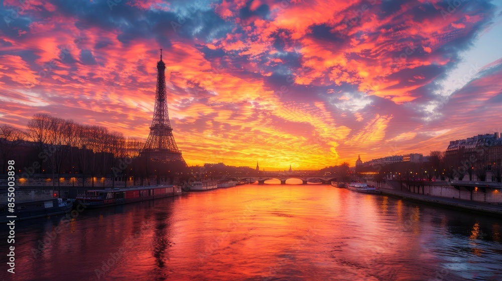 Fototapeta premium A vibrant sunset over the Seine River in Paris, with the Eiffel Tower silhouetted against the colorful sky and reflections dancing on the water