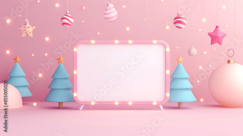 Festive Christmas scene with decorations and trees on pink background. © Anatthaphon