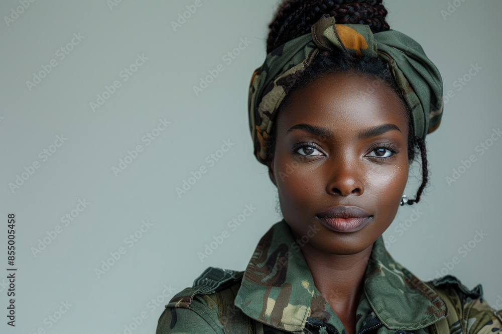 Portrait of confident woman in camo clothing with headwrap Portrait of confident woman in camo clothing with headwrap