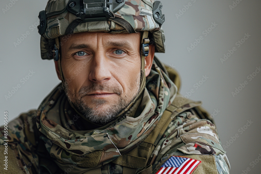 Confident soldier in military uniform looking determined and focused Confident soldier in military uniform looking determined and focused