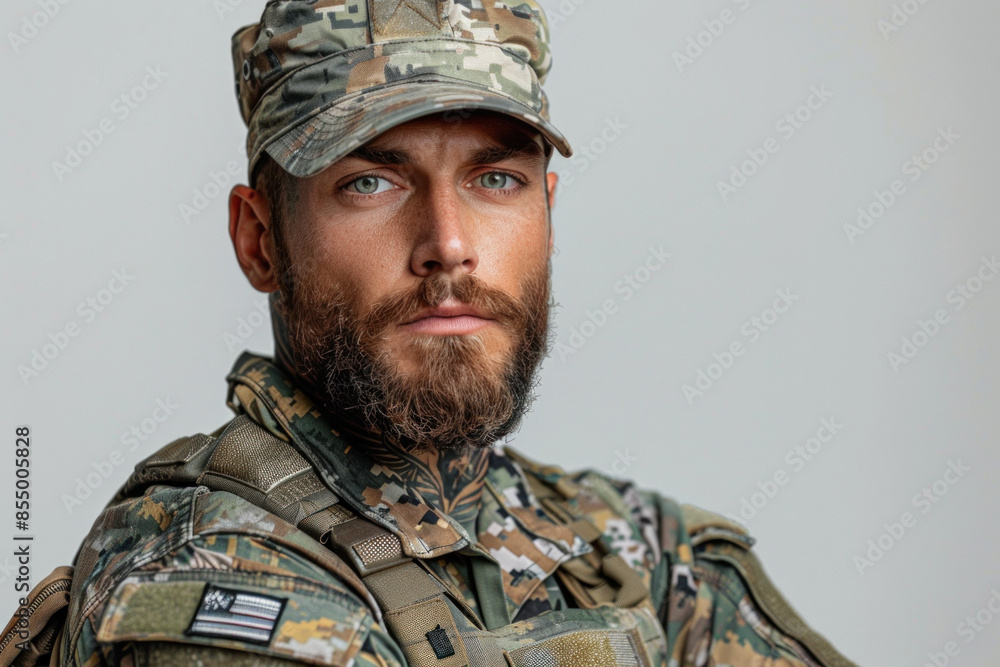 Close-up portrait of thoughtful military man in uniform Close-up portrait of thoughtful military man in uniform