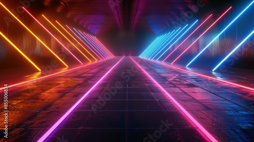 Neon Light Tunnel With Pink, Orange, and Blue Lines