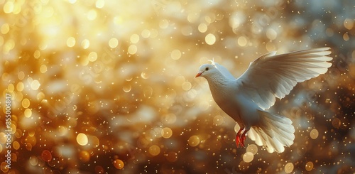 White Dove Flying Through Golden Bokeh