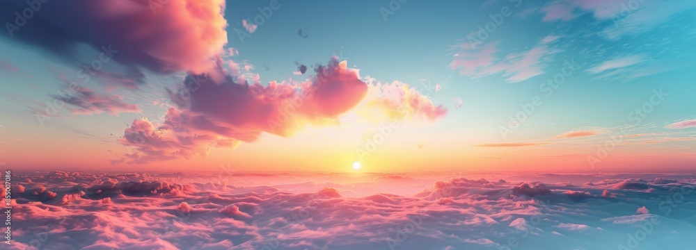 Naklejka premium Beautiful Sunset Above the Clouds With Pink Hues and Golden Rays